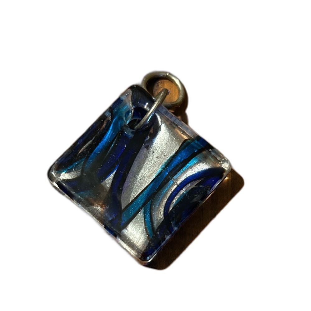 Vintage Artisan Blue Black Dichroic Fused Glass Polished Shimmer Pendant
